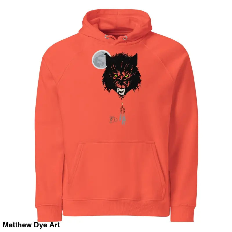 Coral unisex eco raglan hoodie featuring a black wolf head and moon design