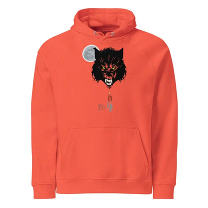 Coral unisex eco raglan hoodie featuring a black wolf head and moon design