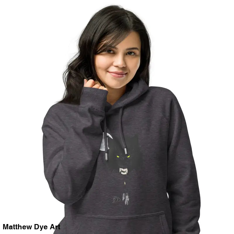 Heather gray raglan hoodie featuring a spooky werewolf design with glowing green eyes