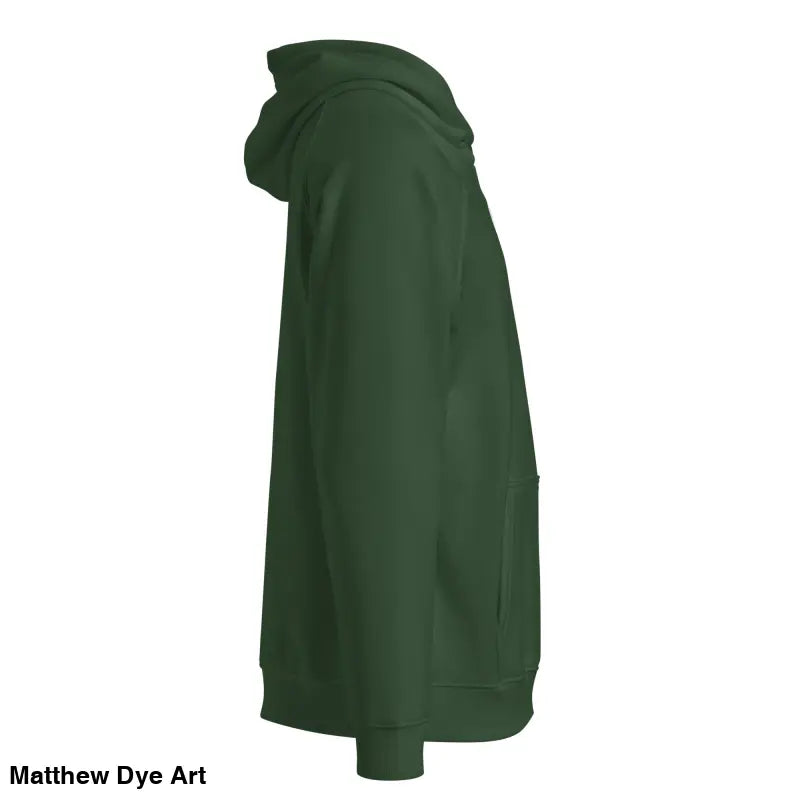 Green hooded sweatshirt featuring glowing green eyes in Howl at the Moon eco-friendly design