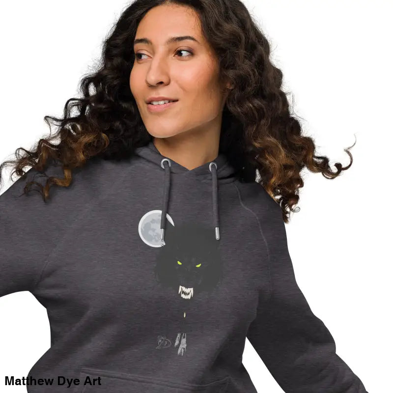 Gray hoodie featuring a werewolf design with glowing green eyes, perfect for Gothic style