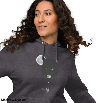 Gray hoodie featuring a werewolf design with glowing green eyes, perfect for Gothic style