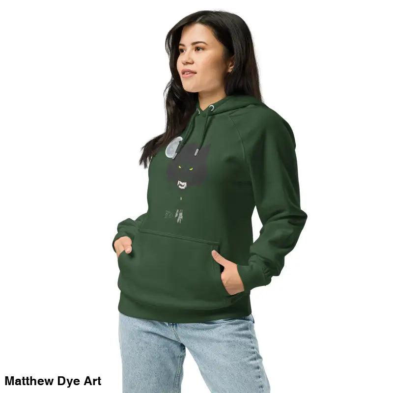 Green hoodie featuring a cat graphic and glowing green eyes, perfect for casual style