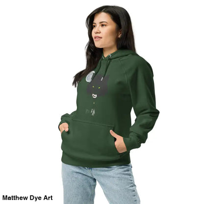 Green hoodie featuring a cat graphic and glowing green eyes, perfect for casual style