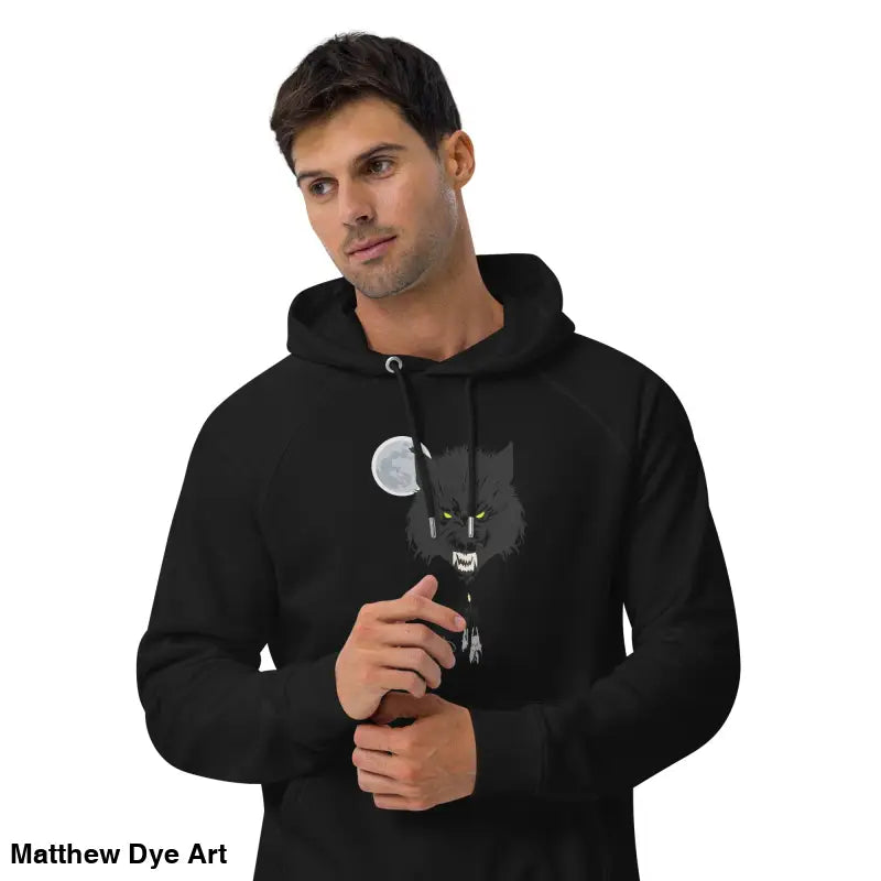 Black werewolf graphic hoodie featuring glowing green eyes for a gothic style