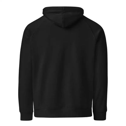 Black hooded sweatshirt back view showcasing Unisex Eco Raglan Hoodie style and comfort