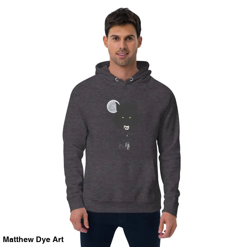 Gray raglan hoodie featuring a werewolf design with glowing green eyes for gothic style