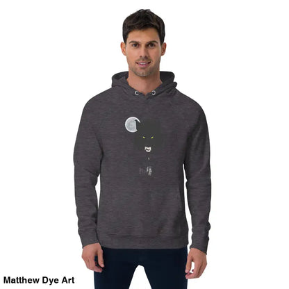 Gray raglan hoodie featuring a werewolf design with glowing green eyes for gothic style