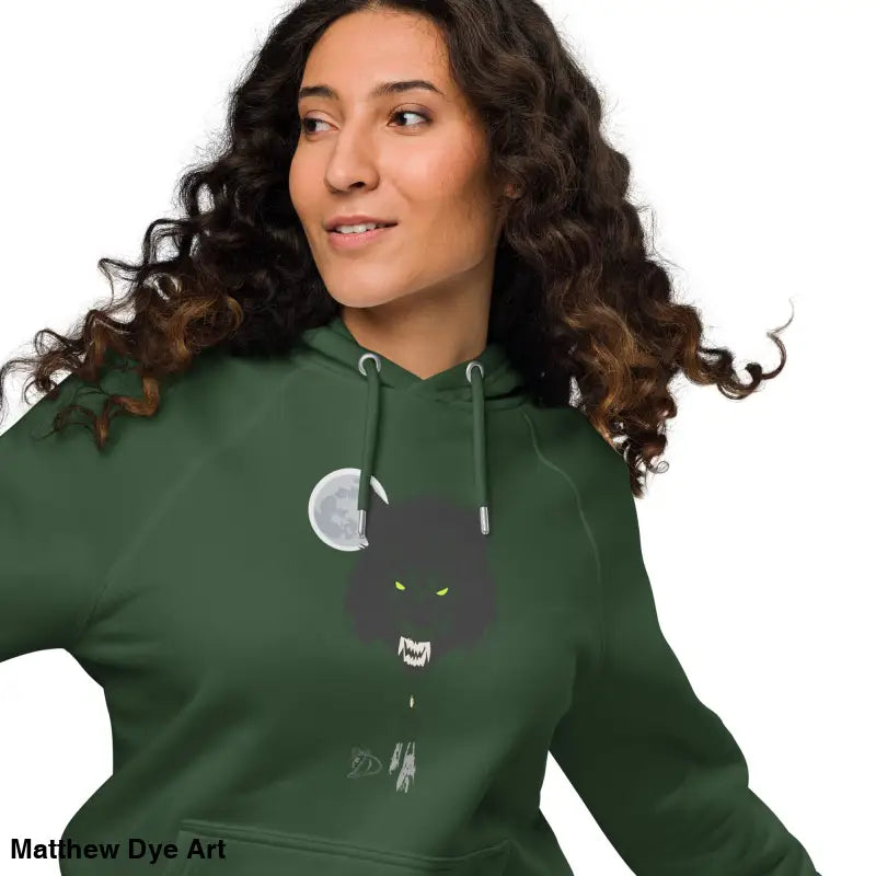 Green hoodie featuring a werewolf graphic with glowing green eyes, unisex gothic style