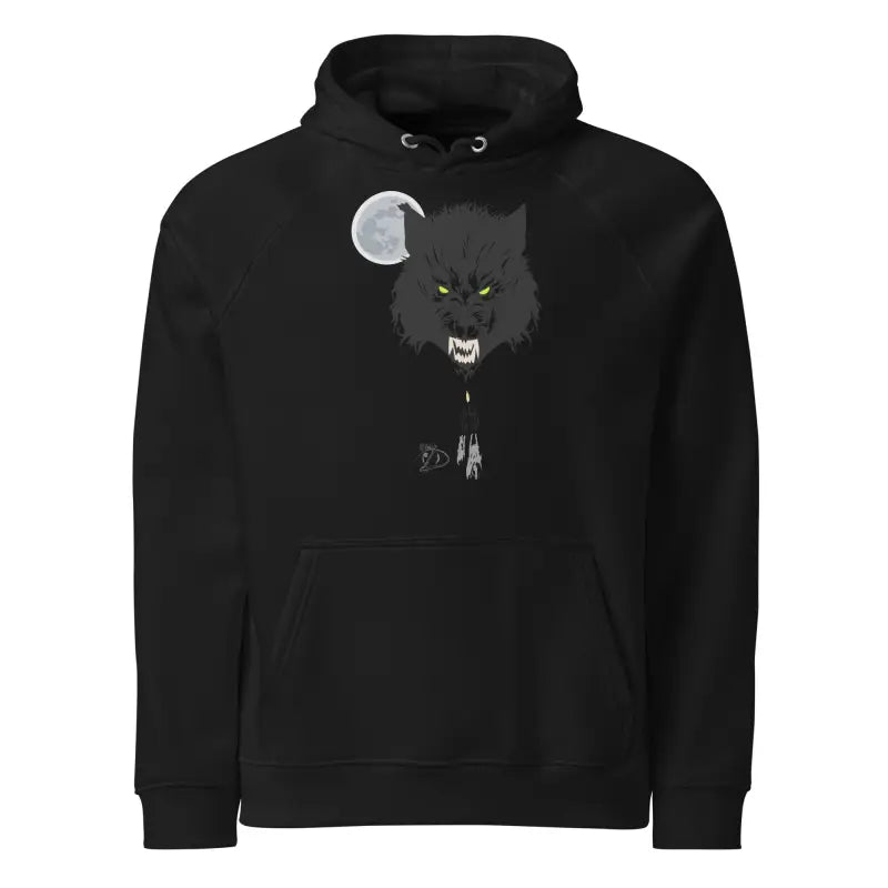 Black raglan hoodie featuring a werewolf graphic and glowing green eyes design