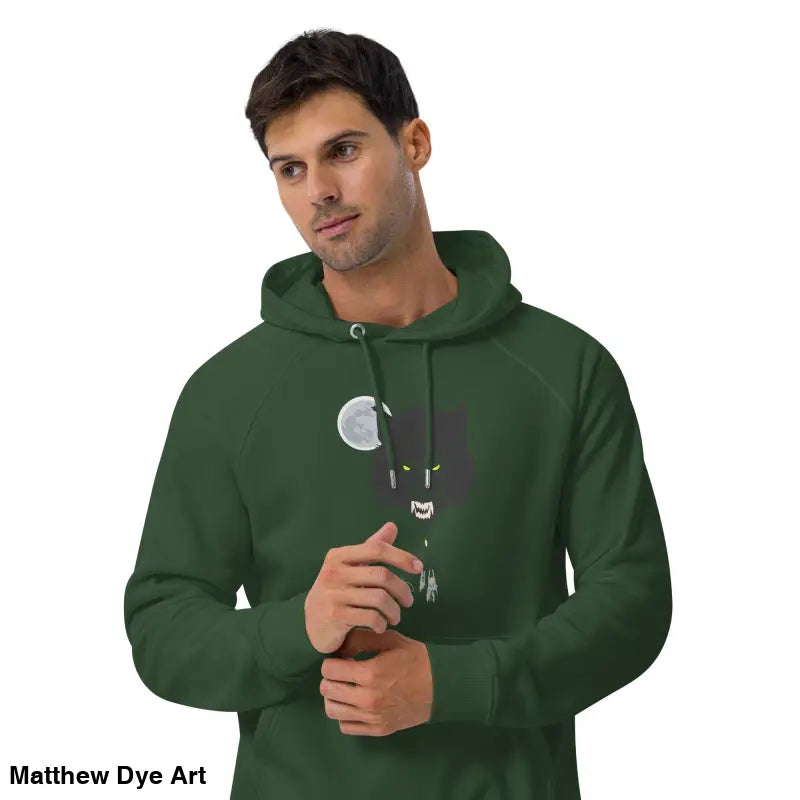 Green hoodie featuring werewolf design with glowing green eyes and raglan sleeves