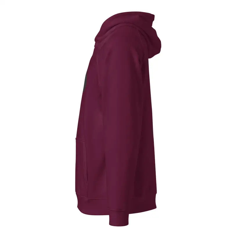 Burgundy unisex eco raglan hoodie showcased from the side, highlighting style and comfort