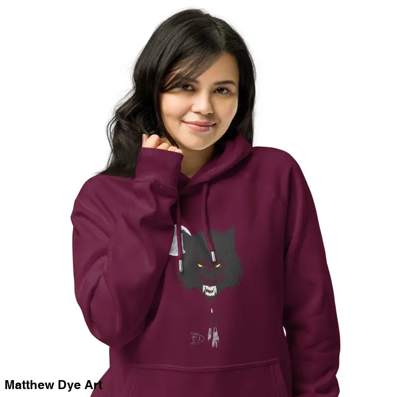Burgundy raglan hoodie featuring a black cat graphic with glowing green eyes