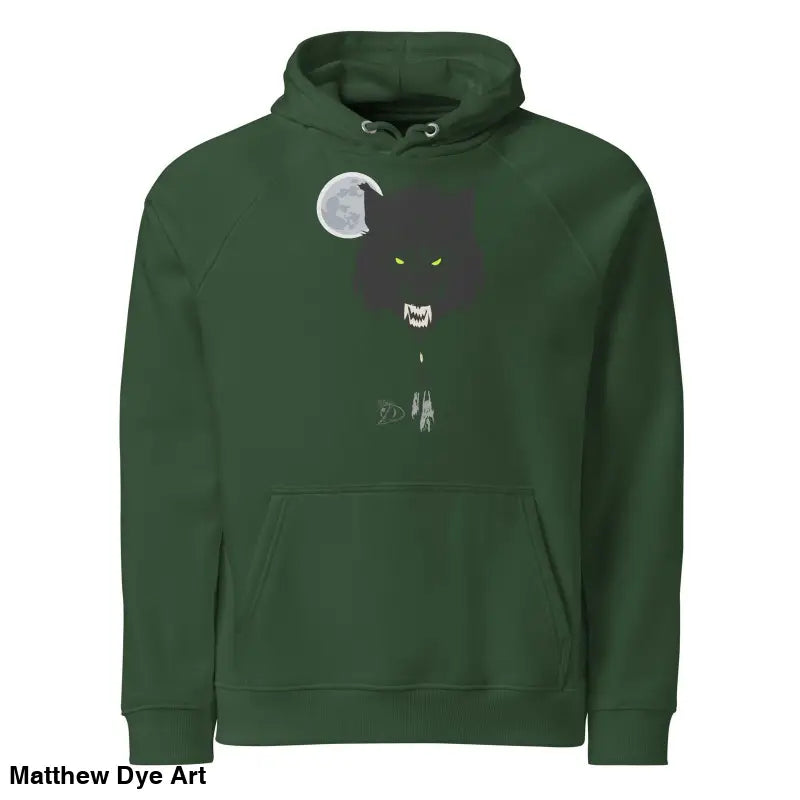 Forest green unisex eco raglan hoodie featuring minimalist black cat and moon design