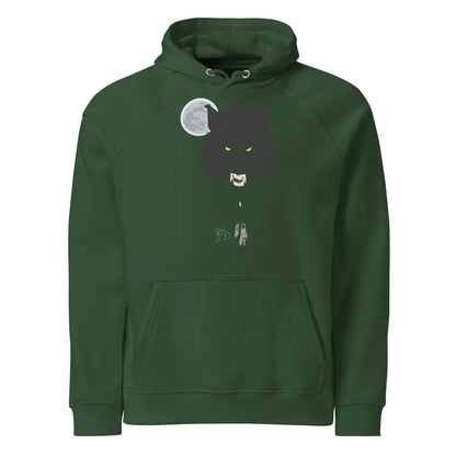 Forest green unisex eco raglan hoodie featuring minimalist black cat and moon design