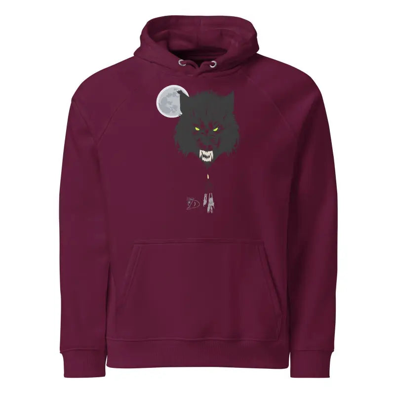 Burgundy Unisex Eco Raglan Hoodie featuring a black cat and moon graphic design