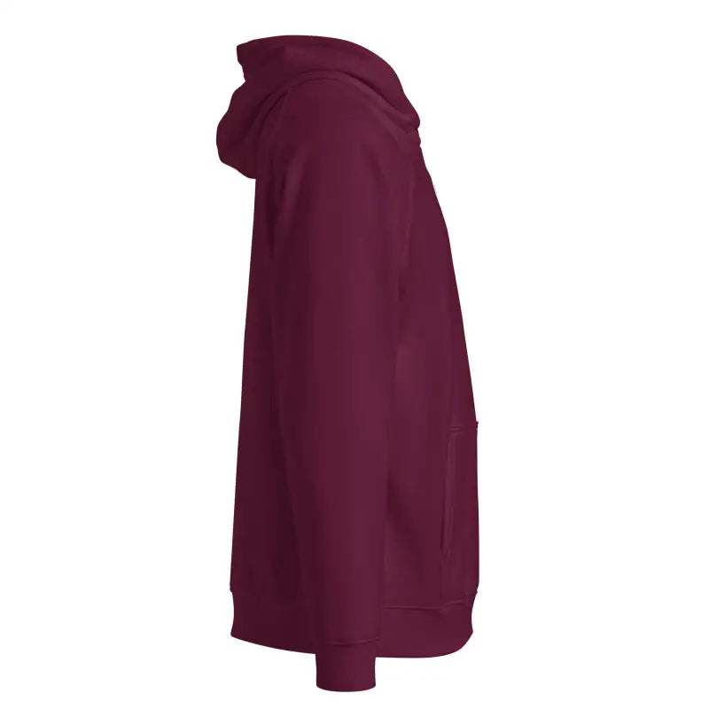 Burgundy unisex eco raglan hoodie displayed from the side, showcasing style and comfort