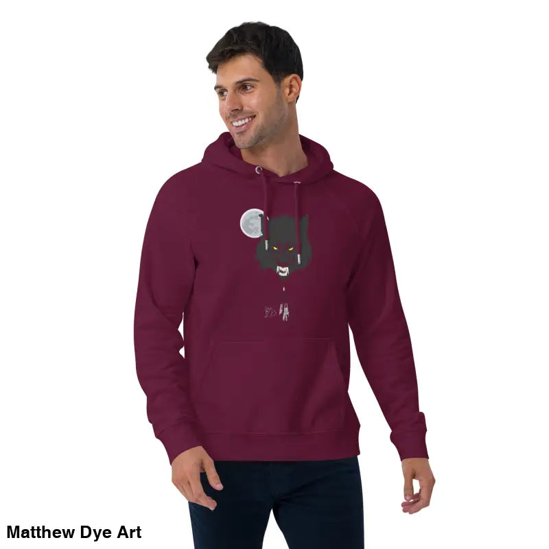 Maroon raglan hoodie featuring a werewolf graphic with glowing green eyes for gothic style