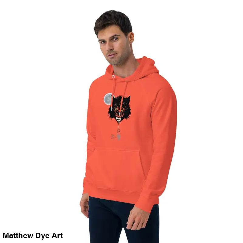 Orange raglan hoodie featuring a wolf graphic with glowing green eyes for eco-friendly style