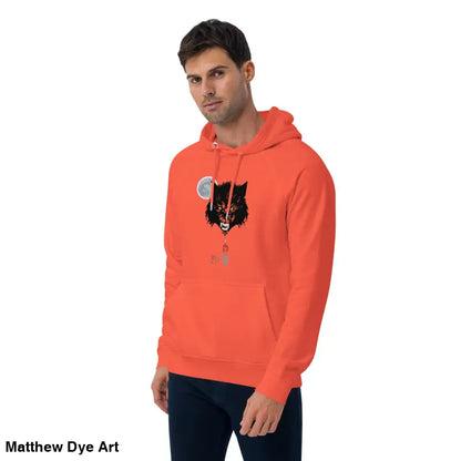 Orange raglan hoodie featuring a wolf graphic with glowing green eyes for eco-friendly style