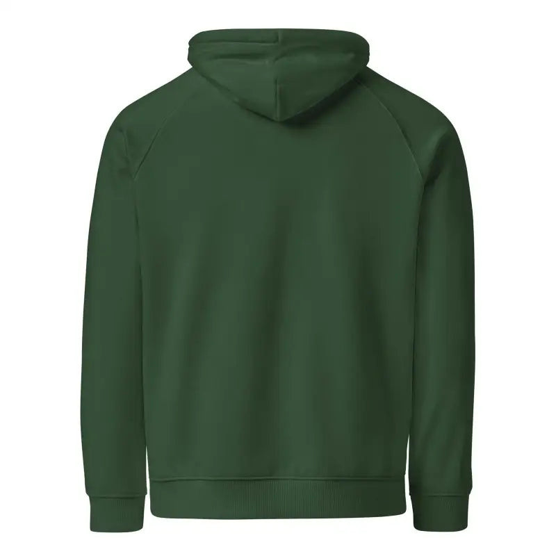 Dark green unisex eco raglan hoodie displayed from the back for casual elegance