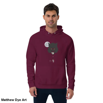Maroon raglan hoodie featuring werewolf graphic with glowing green eyes and candlelit hands
