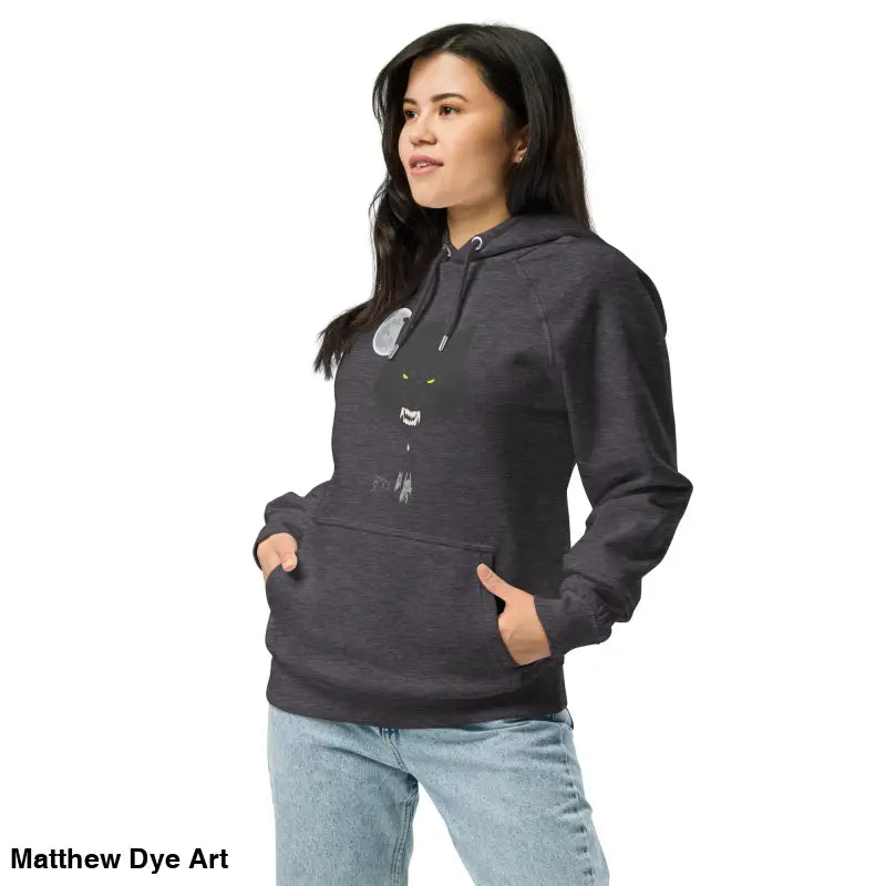Gray raglan hoodie featuring a cat design and glowing green eyes, eco-friendly fashion