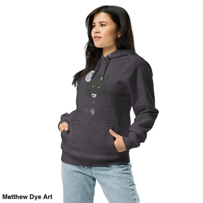 Gray raglan hoodie featuring a cat design and glowing green eyes, eco-friendly fashion