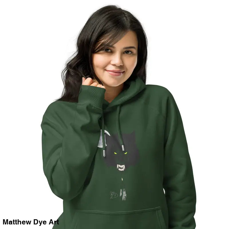 Green hooded sweatshirt featuring glowing green eyes and Gothic werewolf art design