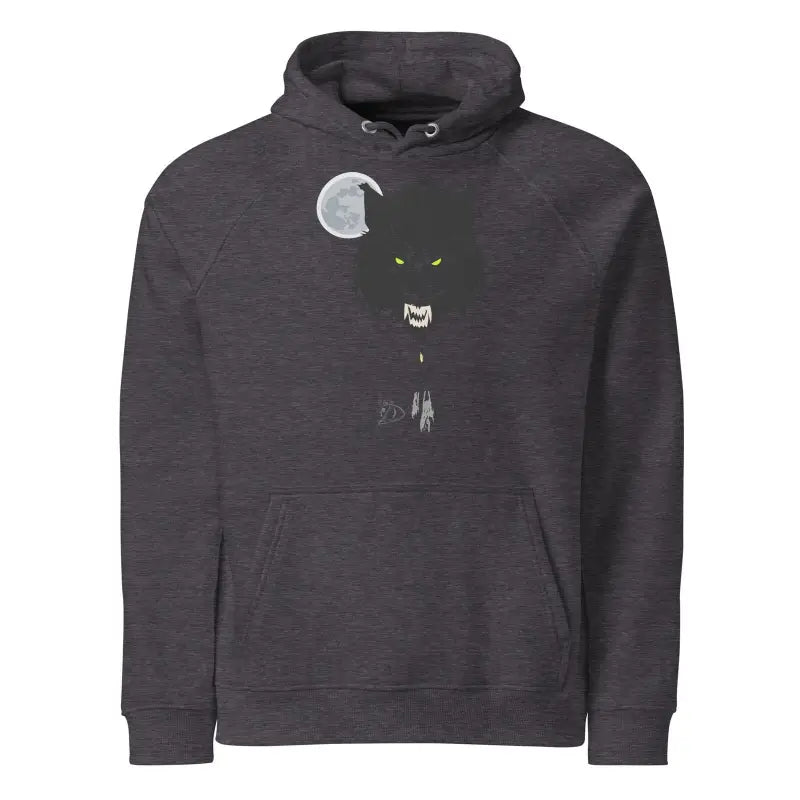 Dark gray unisex eco raglan hoodie featuring a minimalist moon and owl design