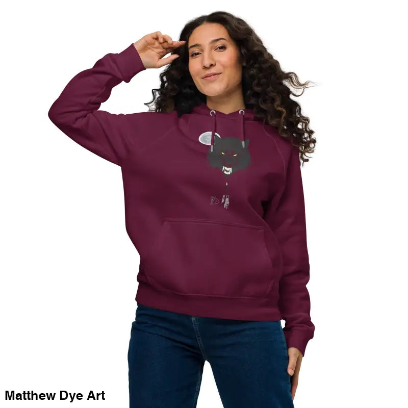 Burgundy raglan hoodie featuring a cartoon werewolf with glowing green eyes design