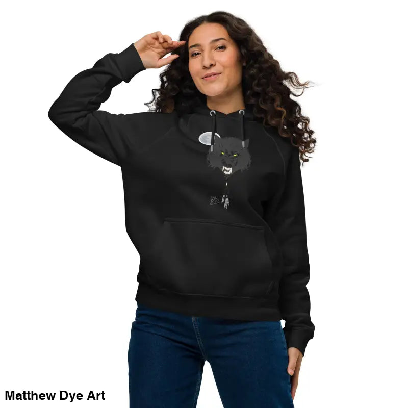Black hoodie featuring wolf graphic with glowing green eyes for Gothic style enthusiasts