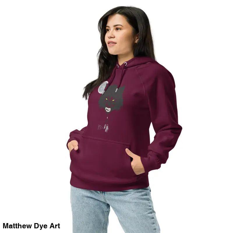 Maroon raglan hoodie featuring a wolf graphic with glowing green eyes for eco-friendly style