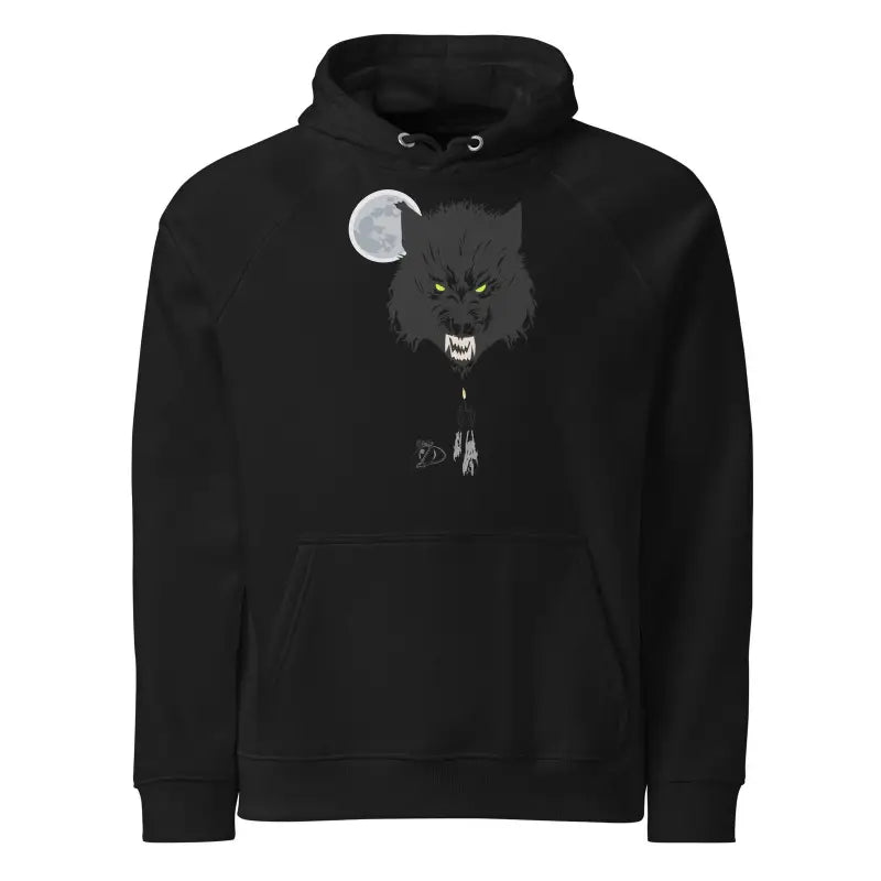 Black Eco Raglan Hoodie featuring werewolf and moon design for unisex style and comfort