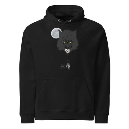 Black Eco Raglan Hoodie featuring werewolf and moon design for unisex style and comfort