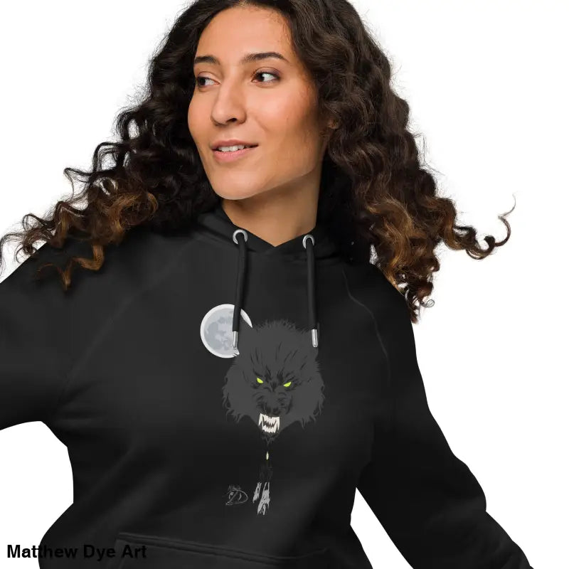 Black Werewolf Hoodie with Glowing Green Eyes in Howl at the Moon Unisex Raglan Design