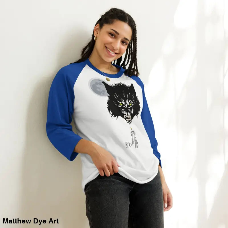 Blue-sleeved classic cotton werewolf raglan shirt for the Howl at the Moon collection