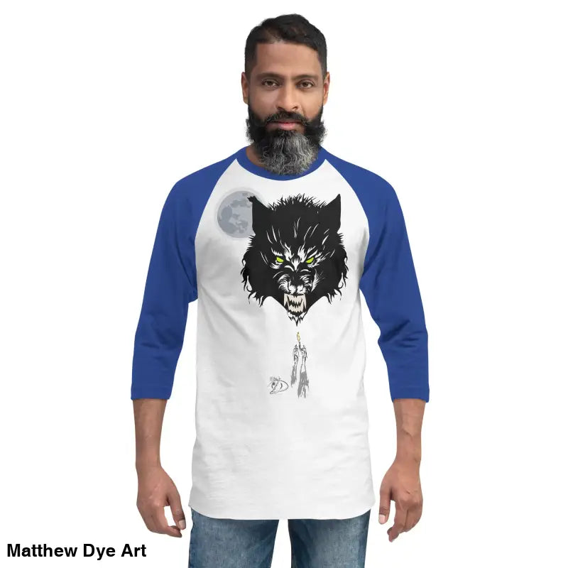 Blue-sleeved werewolf cotton t-shirt from Howl at the Moon Classic Art Collection