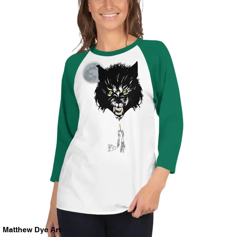 Green-sleeved werewolf t-shirt showcasing classic design in soft cotton fabric