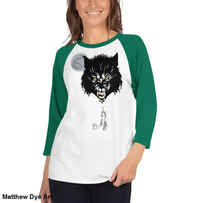 Green-sleeved werewolf t-shirt showcasing classic design in soft cotton fabric