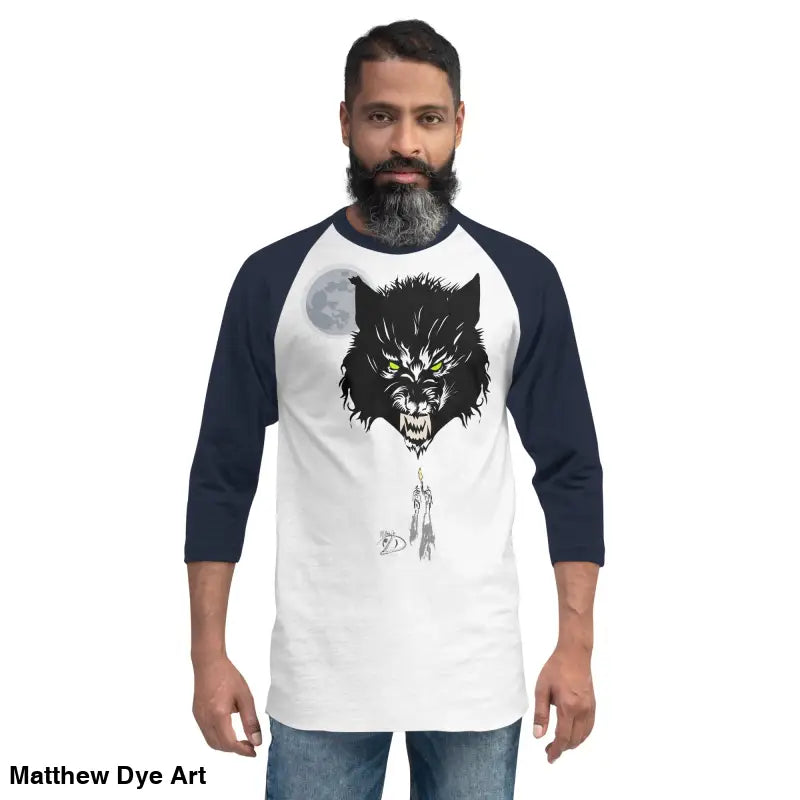 Man wearing a classic cotton Werewolf Art Baseball Shirt for Howl at the Moon