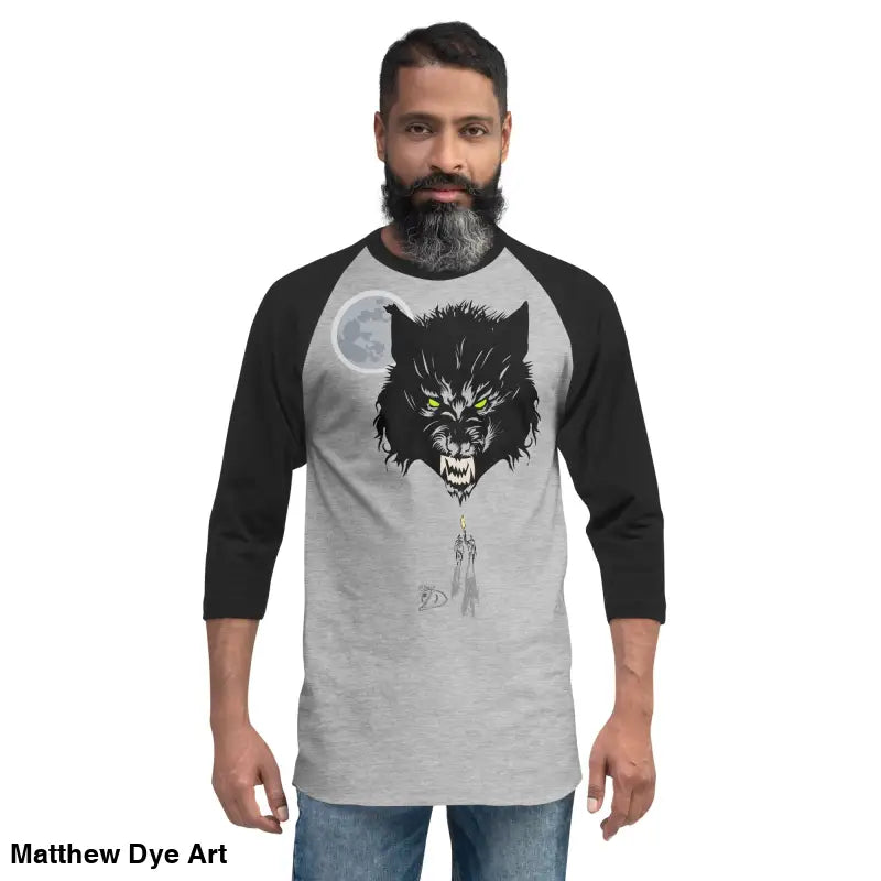 Man wearing a classic cotton Werewolf Art Baseball Shirt, Howl at the Moon design