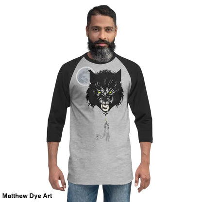 Man wearing a classic cotton Werewolf Art Baseball Shirt, Howl at the Moon design