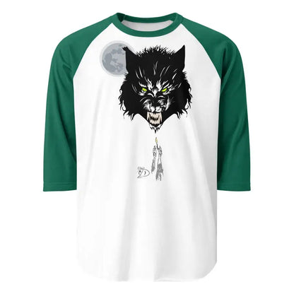 Werewolf Elegance unisex cotton raglan shirt featuring fierce wolf head and moon design