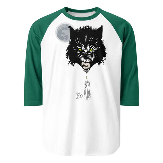 Werewolf Elegance unisex cotton raglan shirt featuring fierce wolf head and moon design