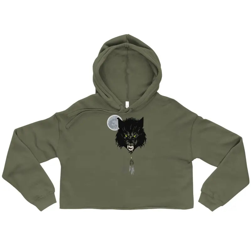 Olive green cropped hoodie featuring black wolf design, a captivating statement piece