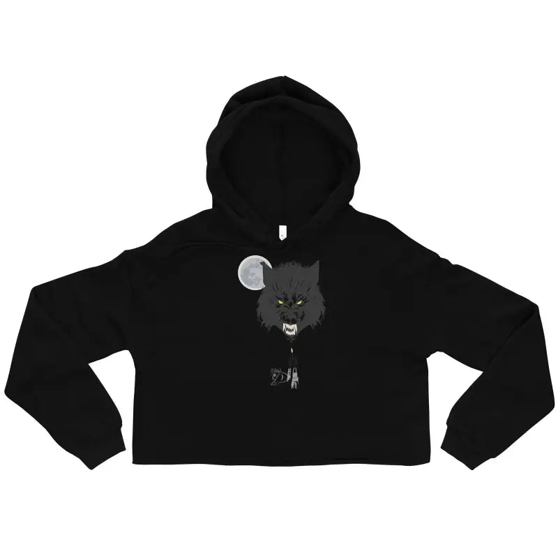 Black cropped hoodie with wolf and moon graphic, a captivating statement piece for style