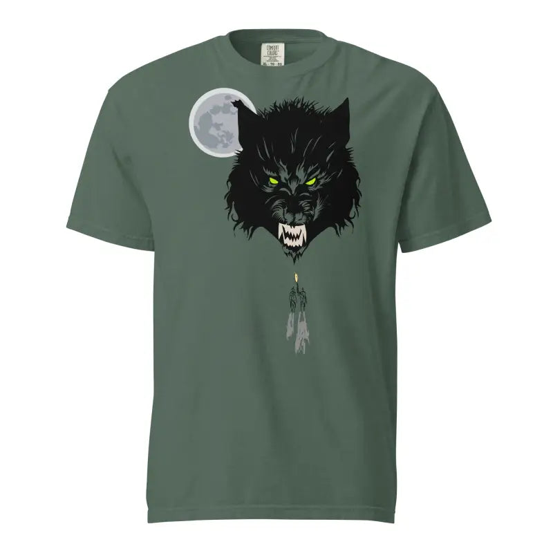 Green unisex garment-dyed heavyweight t-shirt featuring fierce black wolf head design