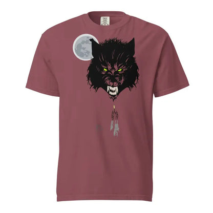 Burgundy unisex garment-dyed heavyweight t-shirt with a snarling wolf and moon design