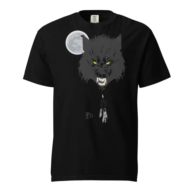 Black unisex garment-dyed heavyweight t-shirt featuring a fierce wolf design and glowing eyes